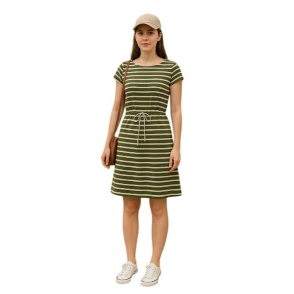 Old Navy XS Green White Striped Short Sleeve Dress Tie Waist Summer Normcore - Picture 1 of 9